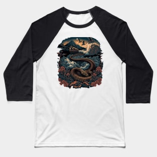 Flying steam train river and crashing waves with snakes Baseball T-Shirt